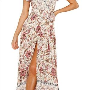 ZESICA Bohemian Floral Printed Wrap V Neck Short Sleeve Split Maxi Dress